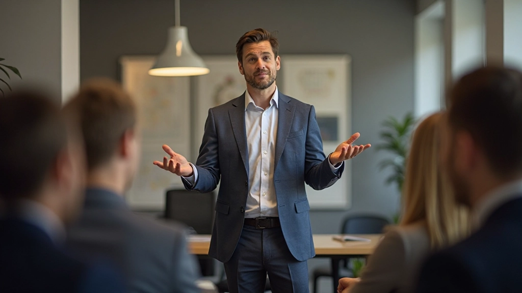 Mann präsentiert mit Selbstvertrauen vor einer Gruppe in professioneller Umgebung