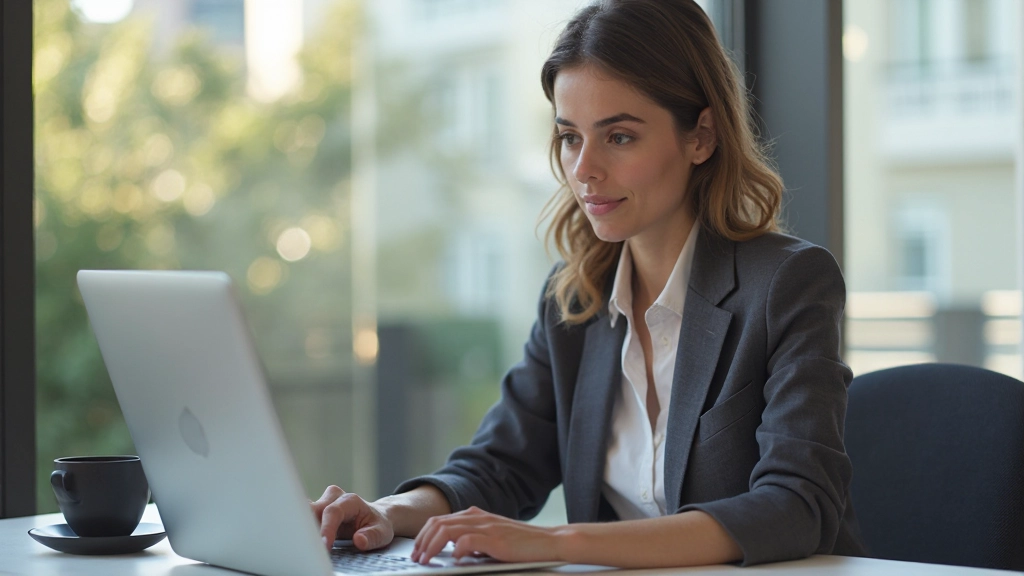 Frau sitzt konzentriert am Schreibtisch und arbeitet fokussiert an ihren Zielen