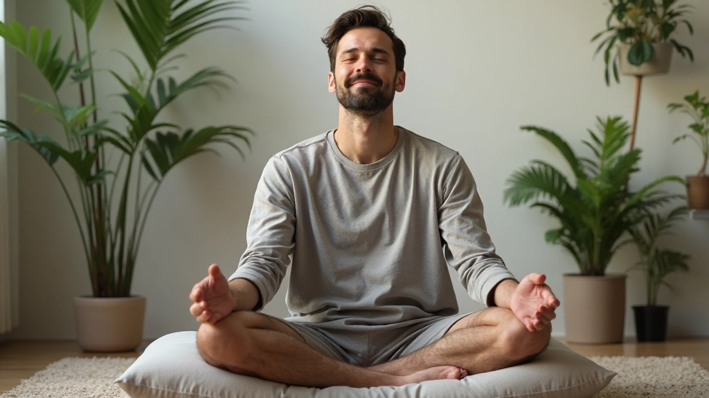 Mann meditiert in ruhiger Umgebung mit Blick auf die Natur