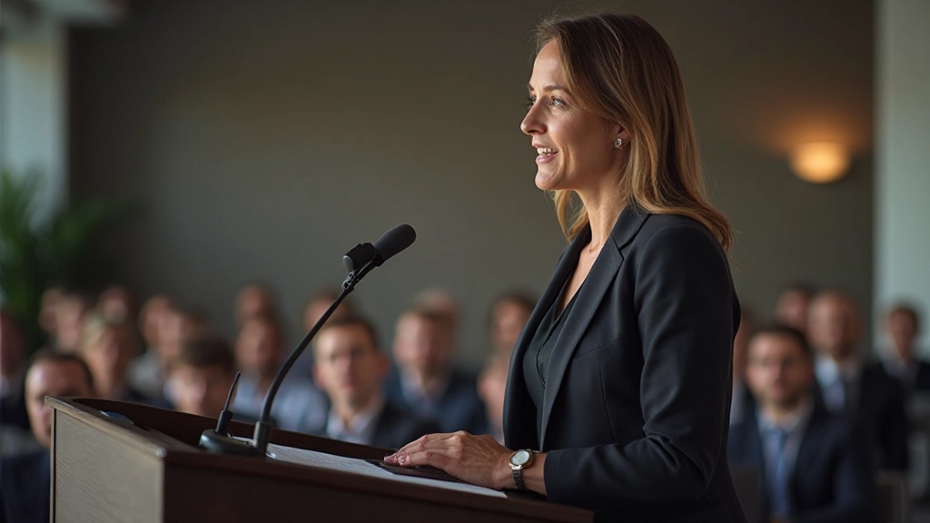 Frau spricht vor Publikum auf einer Konferenz selbstbewusst